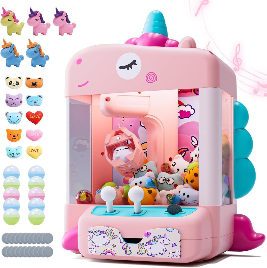 Skirfy Unicorns Claw Machine, Mini Vending Machine with Lights & Music, Adjustable Sound, Candy and Electronic Prize Dispenser, Includes 45 Toys, Candy and Birthday Gift for Kids Girls, Pink