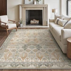 Bavni Washable Rug 6x9 Area Rug for Living Room Bedroom Dining, Washable Vintage Print Carpet, Ultra-Thin Chenille Low Pile Lightweight Rug with Non Slip Backing, Warm Gray Light Gold