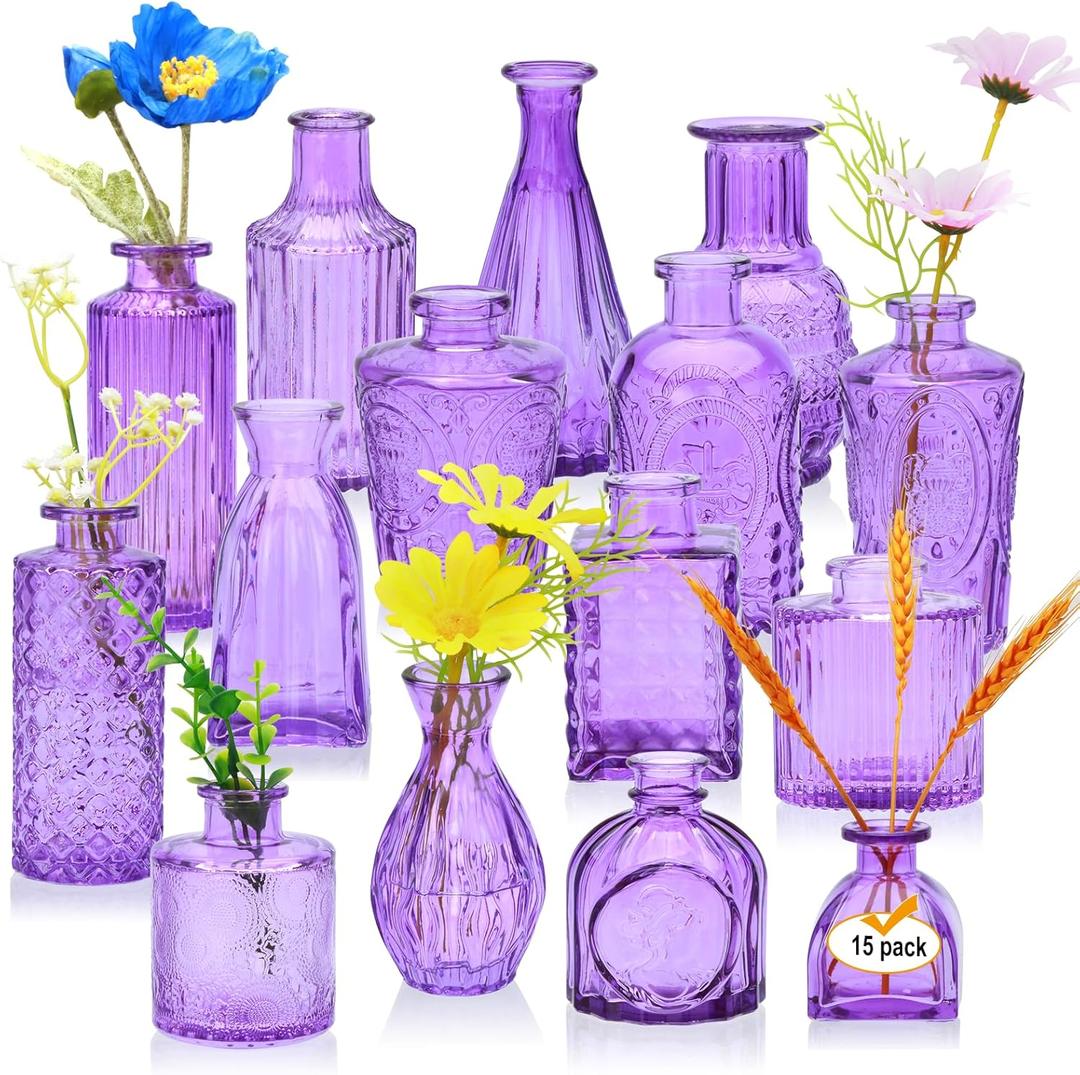 Glass Bud Vase Set of 15,Small Glass Vases for Flowers,Vintage Bulk Purple Mini Glass Vases for Centerpieces,Rustic Wedding,Decoration,Floral Arrangement