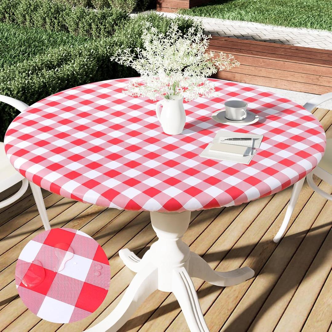 Smiry Round Picnic Tablecloth, Elastic Waterproof Fitted Vinyl Tablecloths for 31"-35" Tables, Flannel Backed Buffalo Plaid Table Cover for Dining, Camping, Outdoor, White and Red