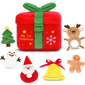 My First Plush Christmas Box Plush Playset 7PCS Plushies Gingerbread Bell Santa Claus Christmas Tree Snowman Elk with Mirror Plushy for Girls Boys
