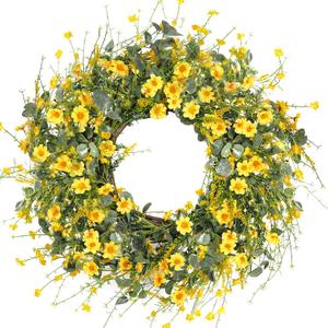 Sggvecsy Yellow Daisy Wreath 24 Inch Spring Summer Wreath Fake Silk Floral Wreath with Green Eucalyptus Leaves and Lavender for Front Door Window Wall Wedding Farmhouse Festival Decor