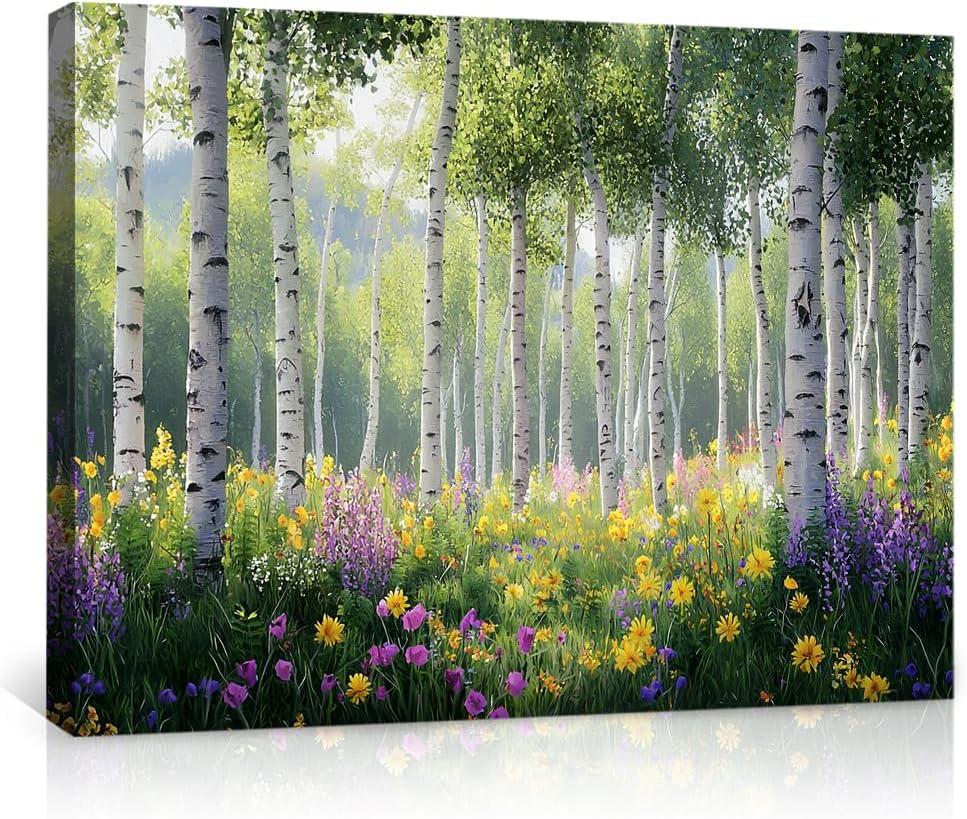 Birch Trees Forest Canvas Prints Wall Art - Nature Landscape Poster Prints for Living Room Bedroom Decor,Spring Flowers and Trees Printing Artwork Decor for Home Wall Decorations-24x36inch(60x90cm)-Fr