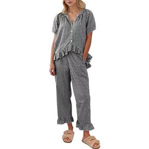 COZYPOIN Womens Gingham Pajama Set 2 Piece Plaid Cotton PJs Cute Ruffle Sleepwear Maternity Bridesmaid Pajamas Loungewear Size XXL
