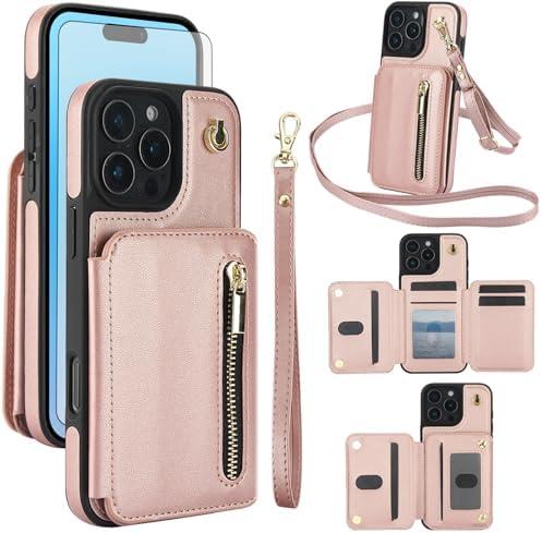 Asuwish Phone Case for iPhone 16 Pro 6.3 inch RFID Wallet Cell Cover with Tempered Glass Screen Protector Crossbody Strap Credit Card Holder Slot Stand i Phone16 i16 16Pro Women Men Rose Gold