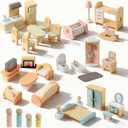 35PCS Wooden Dollhouse Furniture Set with Dolls for 5 Rooms Kits, Doll House Accessories Furniture Toys for Toddlers, Pretend Play Toys Christmas Birthday Gift for Girls and Boys, 3+