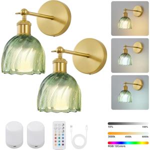 Vintage Battery Powered Cordless Wall Sconce Set of 2, Battery Wall Sconce with Green Glass Lampshade, Rechargeable Battery Powered Wall Lights with Remote Control for Bedside Bedroom Doorway