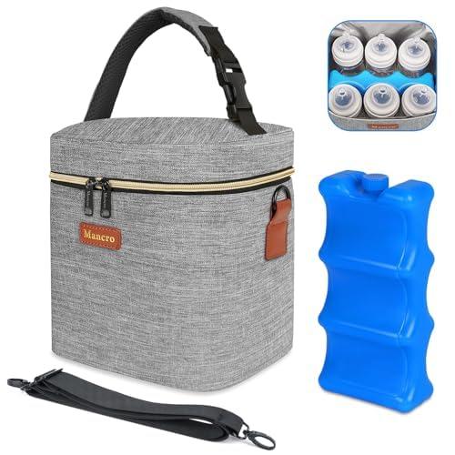 Mancro Baby Bottle Bag with Insulated Cooler, Fits 6 Baby Bottles Up to 9 Ounce with Ice Pack, Breastmilk Cooler Bag with Adjustable Shoulder Strap for Easy Carrying, Grey