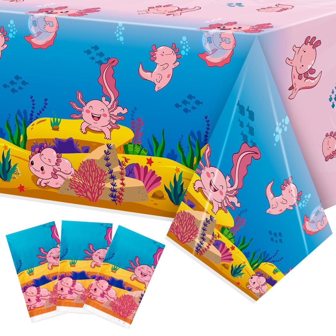 3 x BkeeCten Axolotl Plastic Table Cover - 3 Packs(54x108 Inch) Pink Axolotl Disposable Rectangle Plastic Tablecloth Birthday Theme Party Decoration Decor Supplies Table Cloth Giant Coloring Baby Shower