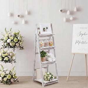 Sintuff White Wooden 4-tier Foldable Ladder Shelf, Sturdy Dessert & Snack Display Stand for Birthday Party & Wedding, Indoor Stand Corner Storage Bookshelf, Rustic Storage Rack, No Tool Assembly