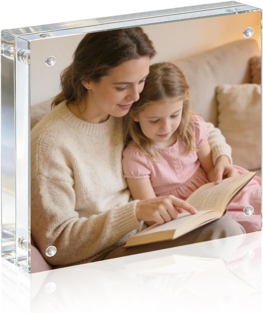 Acrylic Frame, 8x8 Picture Frame 1 Pack, 20MM Thicker Block, Double Sided Magnetic Clear Freestanding Photo Frame for Desk or Tabletop Display