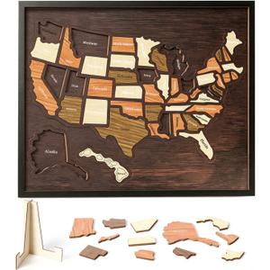 Wooden USA Travel Map Puzzle, United States Journey Tracker Maps Pin Board for Traveling with Elements Sticker, Couple Family Art Home Decor, Daily Travel Tracker Marking Gifts(12 X 10Inch)