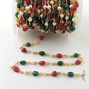 5 Feet Pearl and Assorted Aventurine Gold Wire Wrapped Rosary Beaded Chain- Green and Red Aventurine Rosary Chain