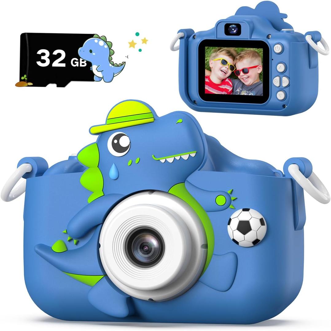 Dinosaur Kids Camera for Boys Girls, Toddler Digital Selfie Camera with Cute Protective Cover and 32G SD Card, Christmas Birthday Gifts Toys for 3 4 5 6 7 8 9 10 11 12 Years Old Little Girls and Boys (Blue)