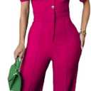 Women's fashionablesexyeleganthigh waistedwide leg pantsclub business party button jumpsuit (Pink, XXL)