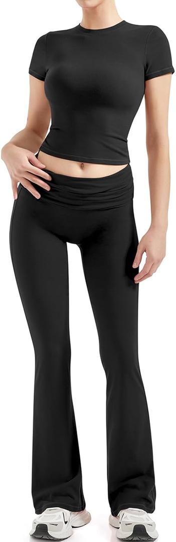 SUUKSESS Women 2 Piece Lounge Sets Going Out Y2K Foldover Pants Matching Pajamas (Black, XL)