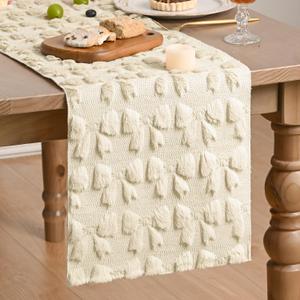 Artoid Mode Beige Soft Plush Faux Fur Jacquard Bows Table Runner, Valentine's Kitchen Dining Table Decoration for Home Party Decor 13x36 Inch