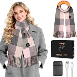 Heated Scarf for Men Women, Heating Scarf for Neck Warmer with Portable 5000mAh Battery 3 Temperature Adjustable (Pink Square Grey)