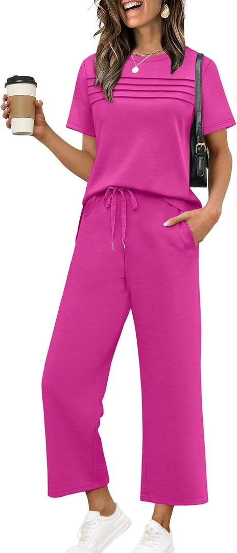 WIHOLL Two Piece Sets for Women Summer Spring Travel Vacation Outfits Short Sleeve Lounge Sets Side Slit Wide Leg Pants (Pink, L)