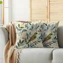 Blue Green Vintage Bird Pillow Covers 18x18 Set of 2, Grey Leaf Print Spring Farmhouse Decorative Throw Pillowcases Outdoor Cushion Cases Rustic Neutral Home Decor for Sofa Couch Bed