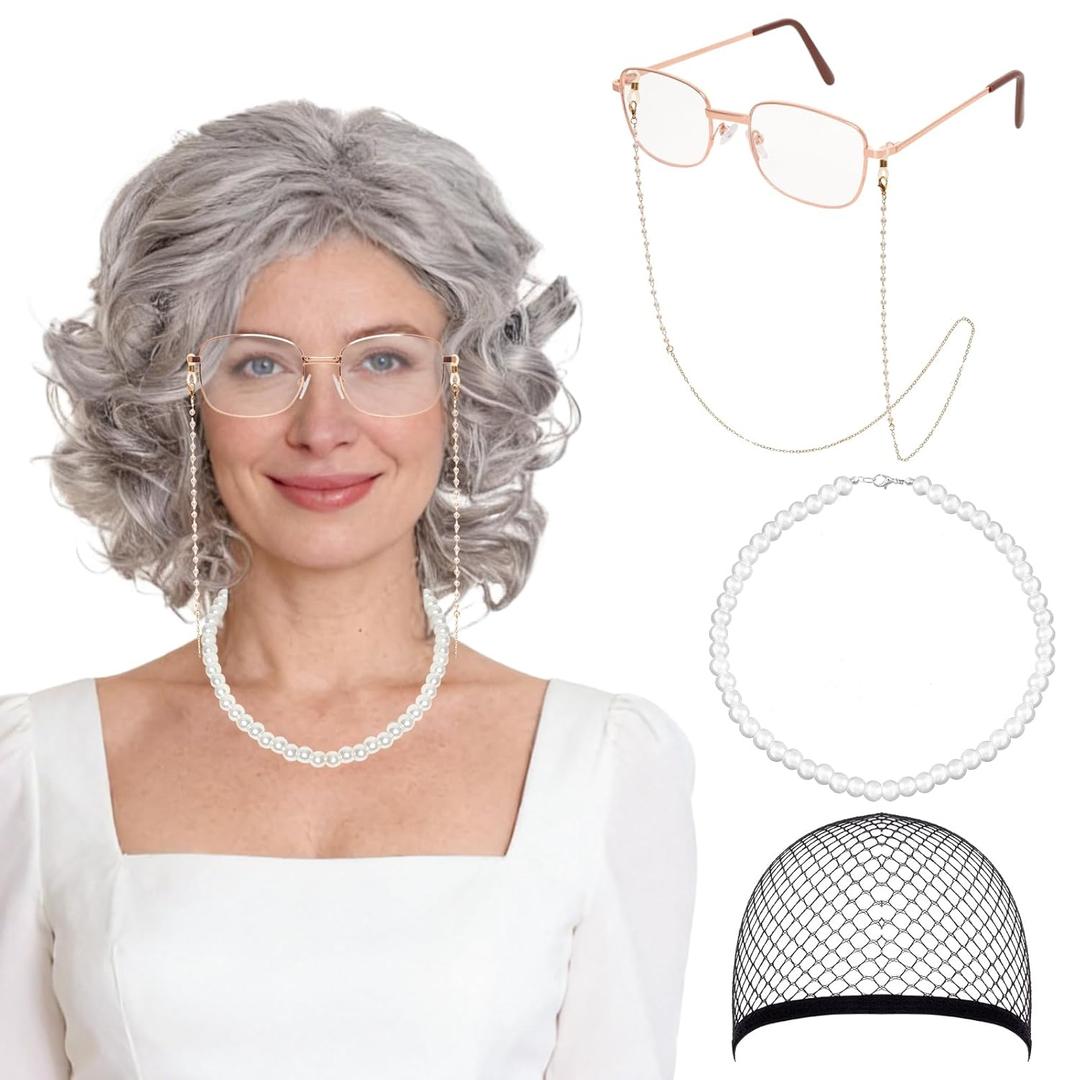 5PCS Old Lady Wig Costume Set for Women Granny Costume Set with Hair Cap Glasses Glasses Chain and Pearl Necklace for Halloween Party (Grey)
