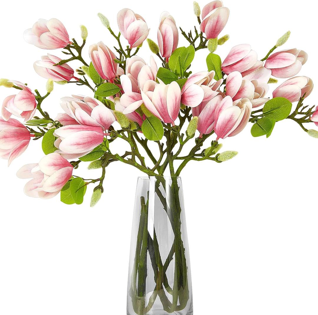 6 PCS 27inch Artificial Magnolia Flowers 3D Real Touch 24 Heads Faux Magnolia Flower buds Realistic Long Stem with lush Green Leaves for Home Wedding Table Office Floral Arrangement Decoration (Pink)