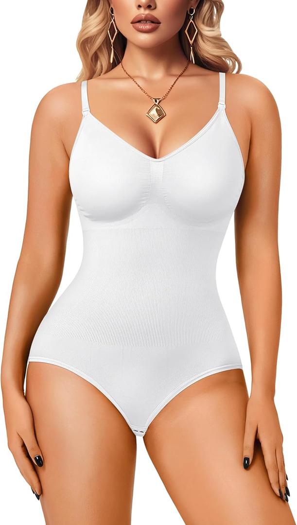 Irisnaya Women Slimming Bodysuits Shapewear Tops Tummy Control Body Shaper Spaghetti Strap Camisole Leotards Bodycon Jumpsuit (White, M)