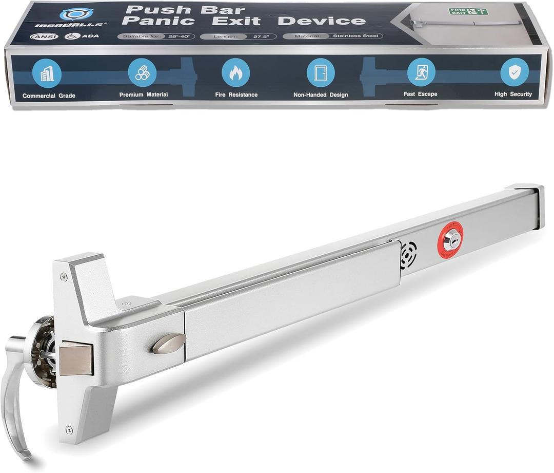 IRONWALLS Push Bar Panic Exit Device with Alarm & Exterior Lever, 70cm/27.5 Long Alarmed Emergency Exit Door Push Bar Lock, Fireproof Commercial Panic Door Hardware for Doors 27.5-41 Wide (Silver)