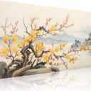 Asian Wall Art Traditional Chinese Painting Oriental Yellow Plum Blossom Canvas Pictures for Wall Decor Home Living Room Cherry Blossom Landscape Artwork Framed Ready to Hang