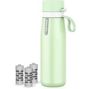 PHILIPS Water Bottle with Filter, Filter Water Bottle Stainless Steel with GoZero Everyday BPA-Free Tap Water Filter, Water Filter Bottle Keep Drink Cold 24 Hours, 3 Filters for 120 Gal / 6 Months