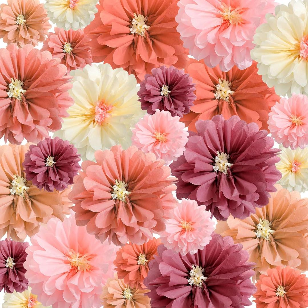 Watersay 24 Pcs 10" 20" Giant Mexican Fiesta Paper Flowers Colorful Tissue Crepe Flowers Pom Poms Craft for Floral Party Backdrop Wedding Birthday Party (Dusty Color)
