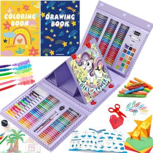 All in One Art Supplies, Art Kit Includes Easel, Origami Paper, Colored Pencils, Crayons, Drawing Book, Coloring Book, Watercolor Pens, Markers and Oil Pastels, Gifts for Girls Boys Teens, Purple