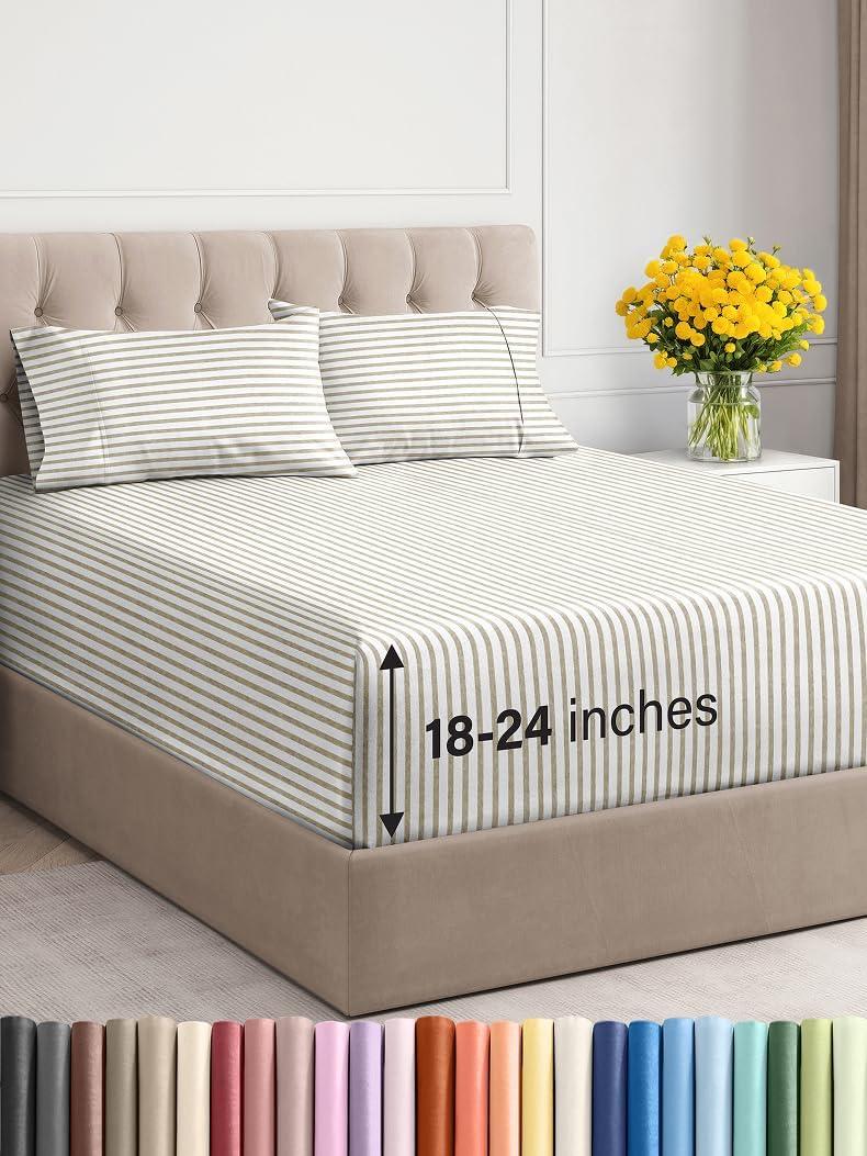 Extra Deep Pocket Cal King Sheets - 4 Piece Breathable & Cooling Bed Sheets - Hotel Luxury Bed Sheet Set - Soft, Wrinkle Free & Comfy - Easily Fits Extra Deep Mattresses - Beige Striped Sheets Set