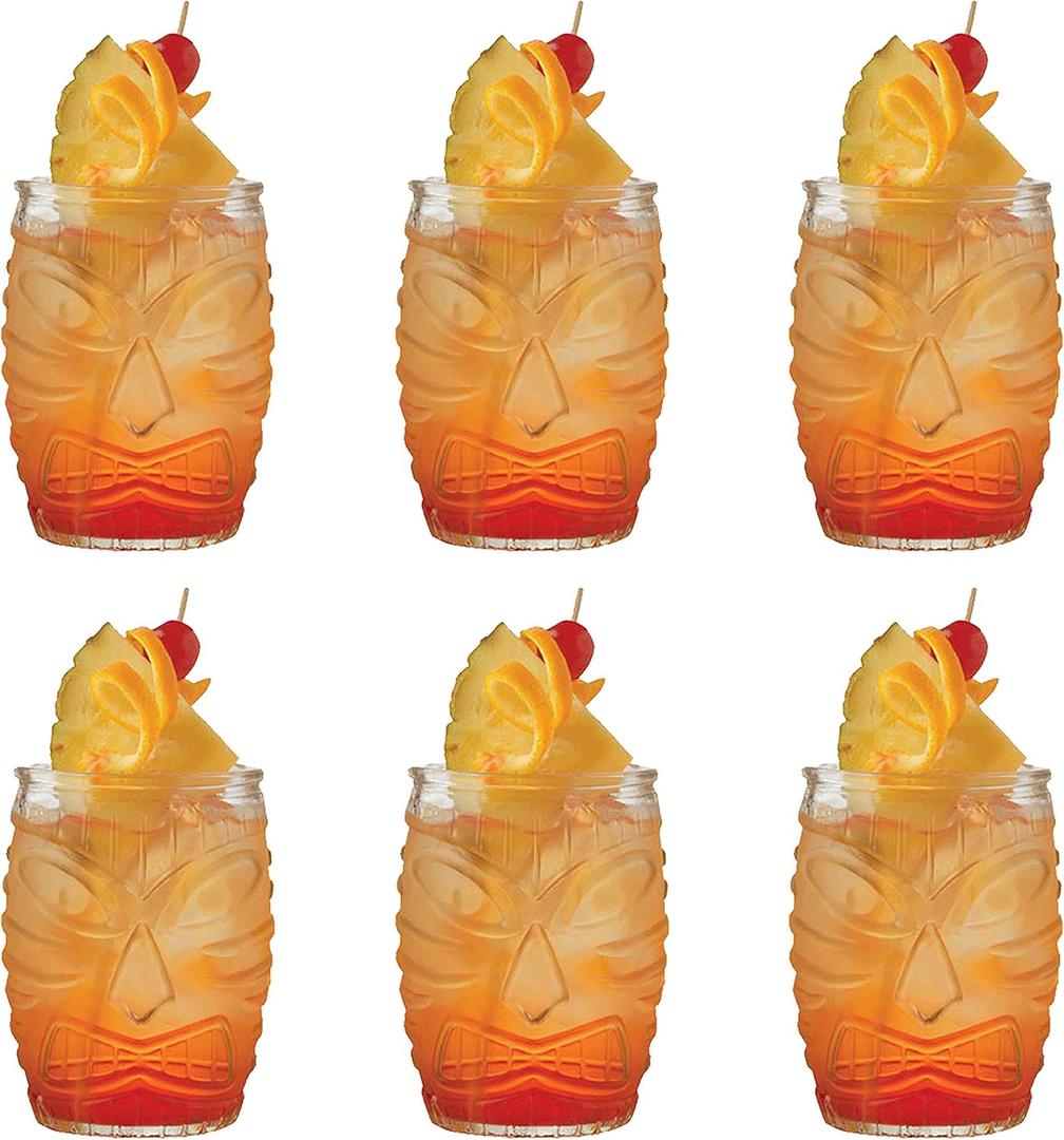 Cedilis 6 Pack Modern Bar Tiki Glasses, Double Old Fashioned Glass, Hawaiian Style Tiki Cup, Cocktail Tiki Mug, Clear, 16 Ounce
