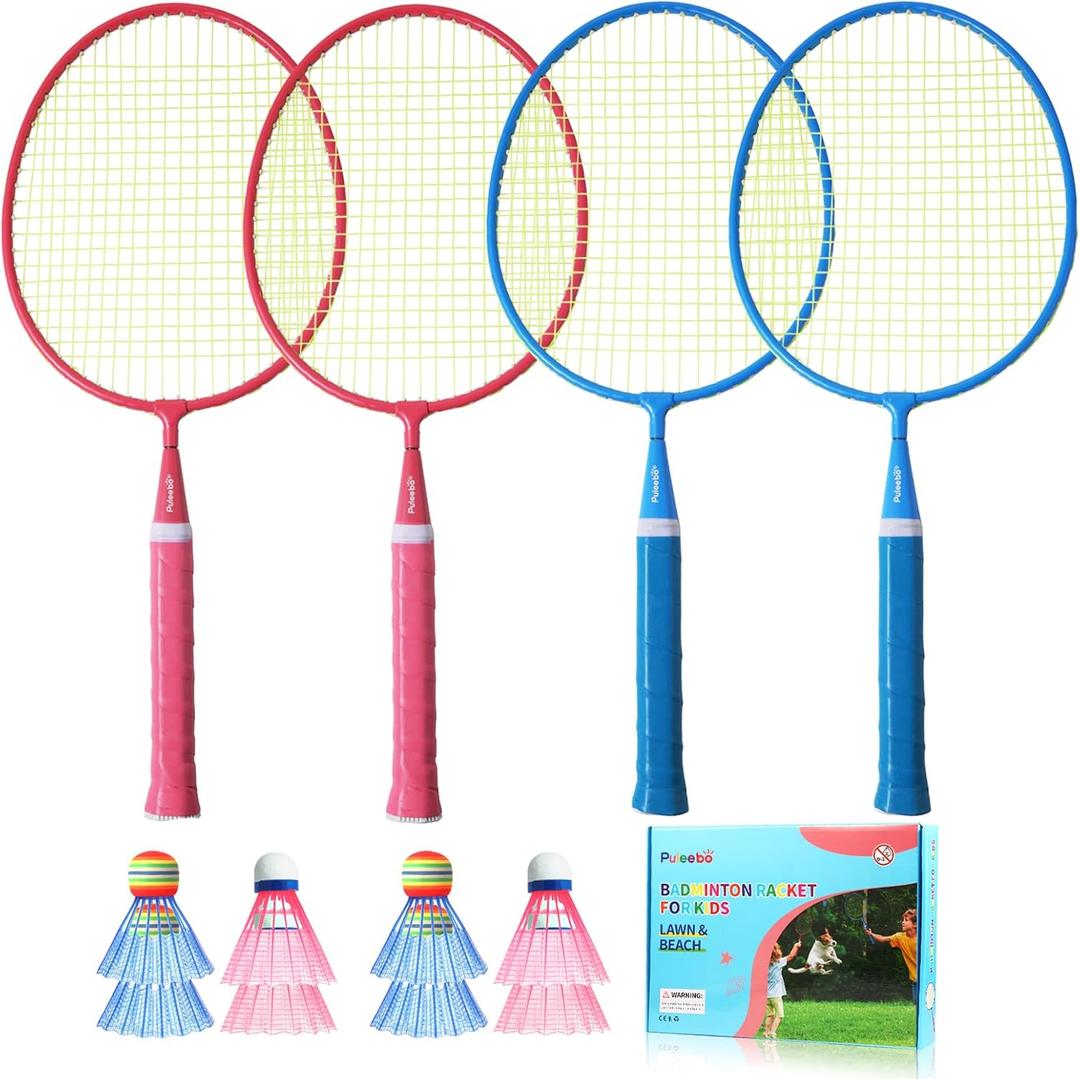 PULEEBO Badminton Racket for Kids - Outdoor Racquet Sports Toys for Children with shuttlecocks, Beach Lawn Yard Badminton Set Game for Kids and Adults,Backyard Outside Sport Game (2 Bule 2 Pink)