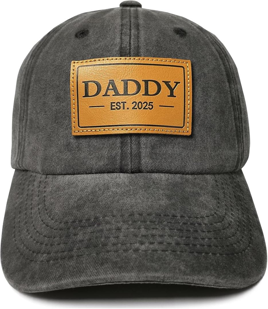 Daddy Hat Est 2025, Gifts for Father Dad, Leather Patch Adjustable Baseball Cap, Washed Black Cotton Denim Hat for Men