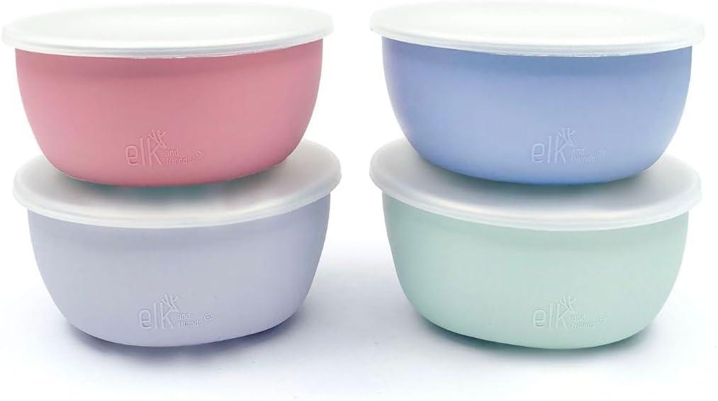 Elk and Friends Stainless Steel Bowls + Silicone Sleeve and Storage Lid | Baby, Toddler, Kids | Cereal & Snack Bowls | Storage Containers | Dishwasher Safe | 4 Pack (Blush/Sage/MistyBlue/Lilac)