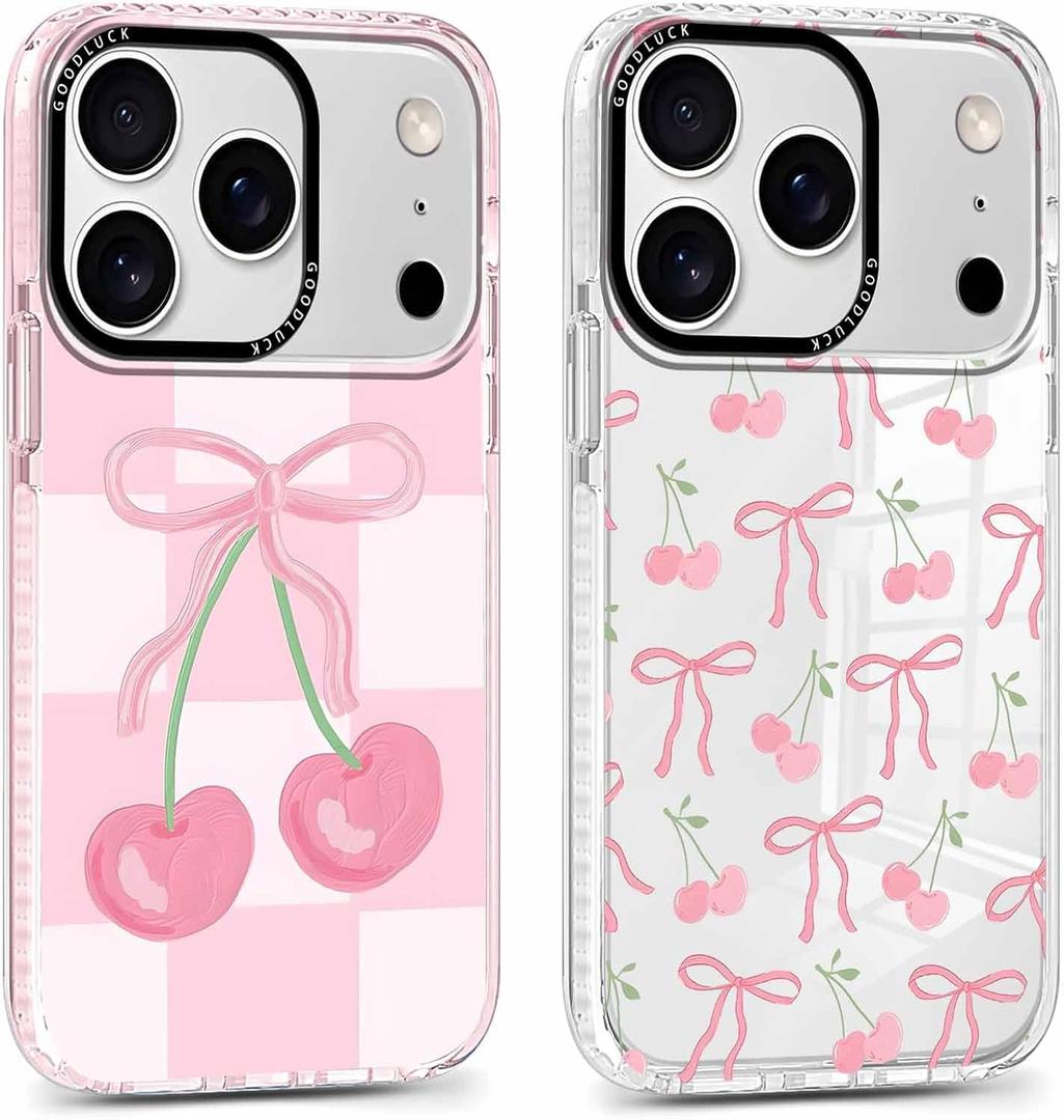 2 Pack Cute Coquette Bow Phone Case for iPhone 17 Pro 6.3", Clear Aesthetic Pink Cherry Ribbon Checkered Pattern Print Design Women Girls Case Soft Slim Shockproof TPU Protective Funda Cover