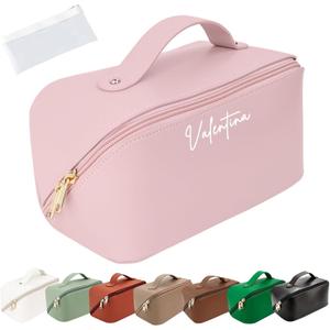 6 x Personalized Travel Makeup Bag, Customized Large Capacity Cosmetic Bag with Printed Name Initials, PU Leather Toiletry Bag for Women, Wide Open Portable Pouch with Divider and Handle, Mothers Day Gift