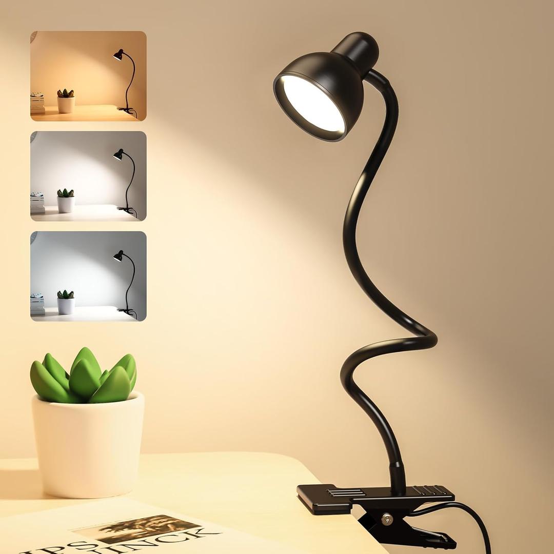 Clip on Light Reading Light for Bed 3 Color Modes 10 Dimmable Brightness Eye Care Clamp Desk Lamp 360 Flexible Desk Book Light for Reading Bed Headboard Computer Black