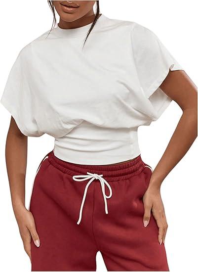 GORGLITTER Women's Dolman Short Sleeve Crop Tops Ruched Crew Neck Casual Going Out Tops White Size Large