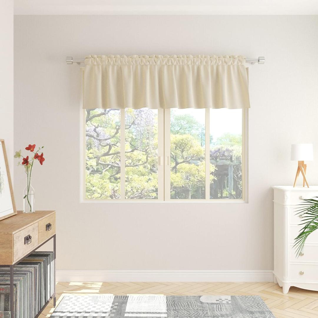 Beige Small Tiers Kitchen Short Small Mini Window Curtains Valance 12 inches Length Blackout Home Decor Blackout Basement rv Camper Living Room/Bedroom 42W by 12L 1 Piece Rod Pocket