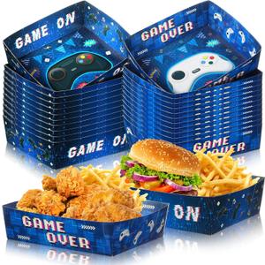 Maxcheck 36 Pcs Video Game Party Favor Large 5 Lb Video Game Paper Food Trays Snack Popcorn Nacho Boats For Kid's Day Boy's Birthday Theme Party Supplies (Blue)