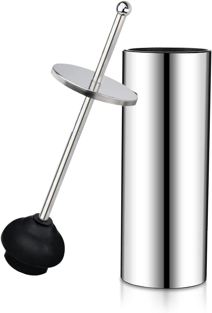 Chrome Toilet Plunger with Holder Bathroom Metal Canister Holder Drip Cup, Heavy Duty, Deep Cleaning Silver