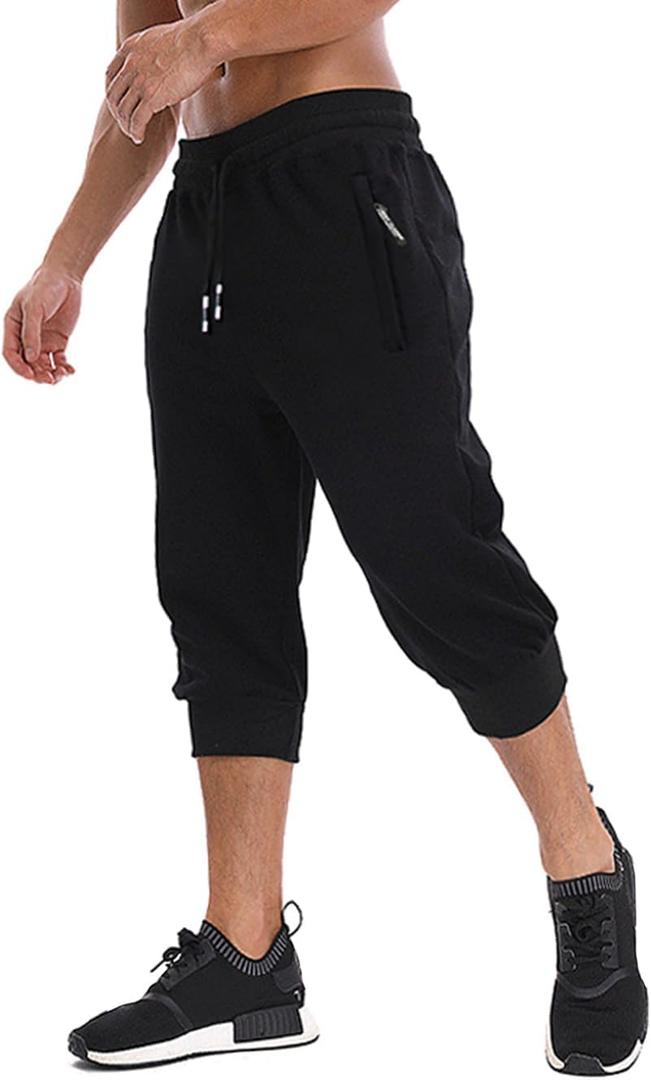 MAGNIVIT Men's 3/4 Jogger Capri Pants Workout Gym Below Knee Shorts Zipper Pockets Jogger Sweatpant Capris for Men (Black, 30)