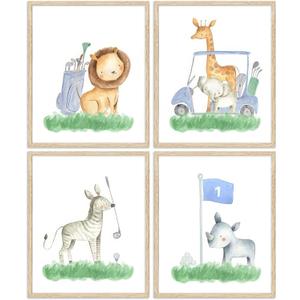 EVPYXFUT 4Pcs Safari Nursery Animals Wall Art Baby Cute Animals Canvas Prints Watercolor Jungle Giraffe lion zebra Posters Kid Aesthetic Paintings Golf Pictures Wall Decor for Child Bedroom Unframed
