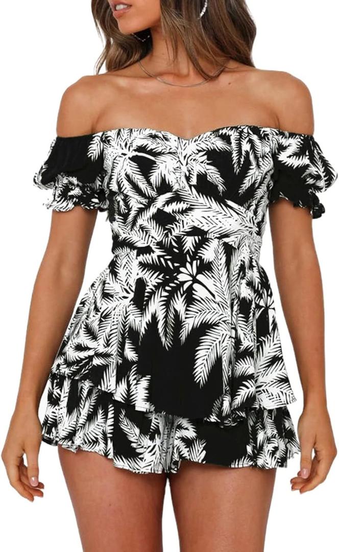 AOHITE Womens Summer Tube Top Dress Off-Shoulder Ruffled Flowy Mini Short Dresses (Large, B-black and White)