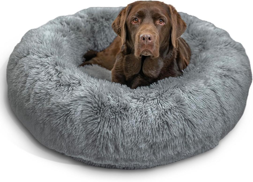 Best Friends by Sheri Original Calming Donut Dog and Cat Bed, Shag Faux Fur, Gray, (36in x 36in) - Anxiety Relief for Pets Up to 100 lbs (Large)
