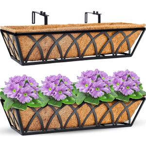Y&M Window Boxes Horse Trough with Coconut Coir Liner, 24 Inch Window Deck with Coco Liner, Fence Metal Hanging Flower Planter Window Basket Deck Railing Planter Boxes (X - 24in 2P)