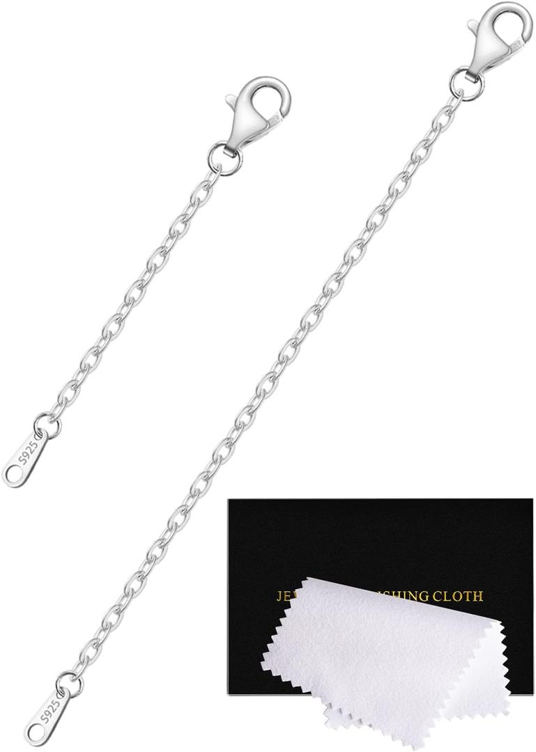 Necklace Extender Silver Durable Necklace Extenders for Women, 925 Sterling Silver Chain for Bracelet Anklet, 2 Piece Set 2" 4" Inches